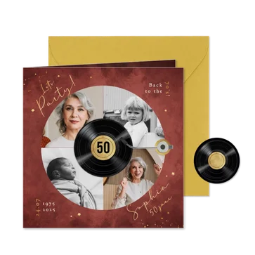 Uitnodigings LP plaat muziek feestje goud foto sterren